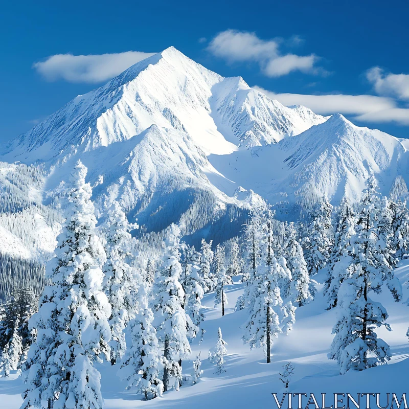 AI ART Winter Mountain Scene with Snow-Covered Trees