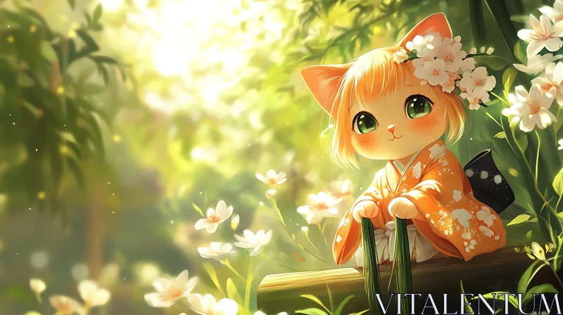 AI ART Cute Anime Cat Wearing Kimono amongst Flowers