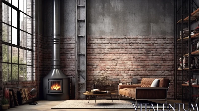 Industrial Living Room with Fireplace: Timeless Nostalgia AI Image