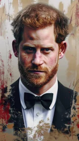 Prince Harry Tuxedo Portrait with Artistic Background