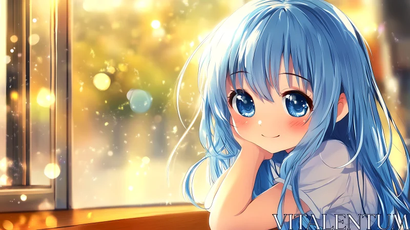 Sunlit Blue-Haired Anime Girl AI Image