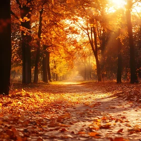 Autumnal Forest Path with Sunlight