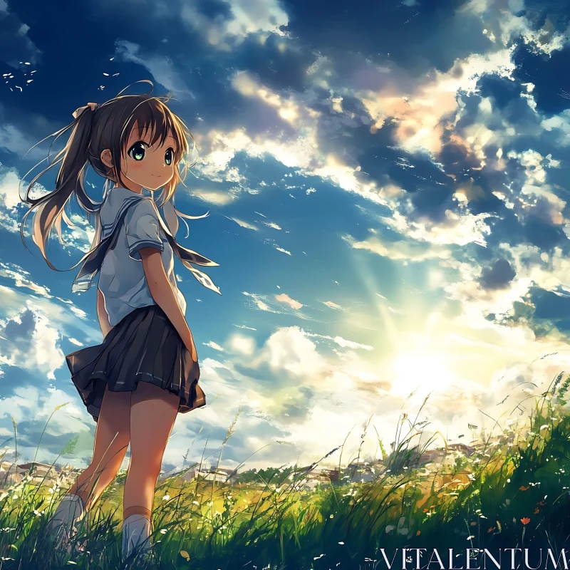 Tranquil Anime Scene with Girl and Setting Sun AI Image