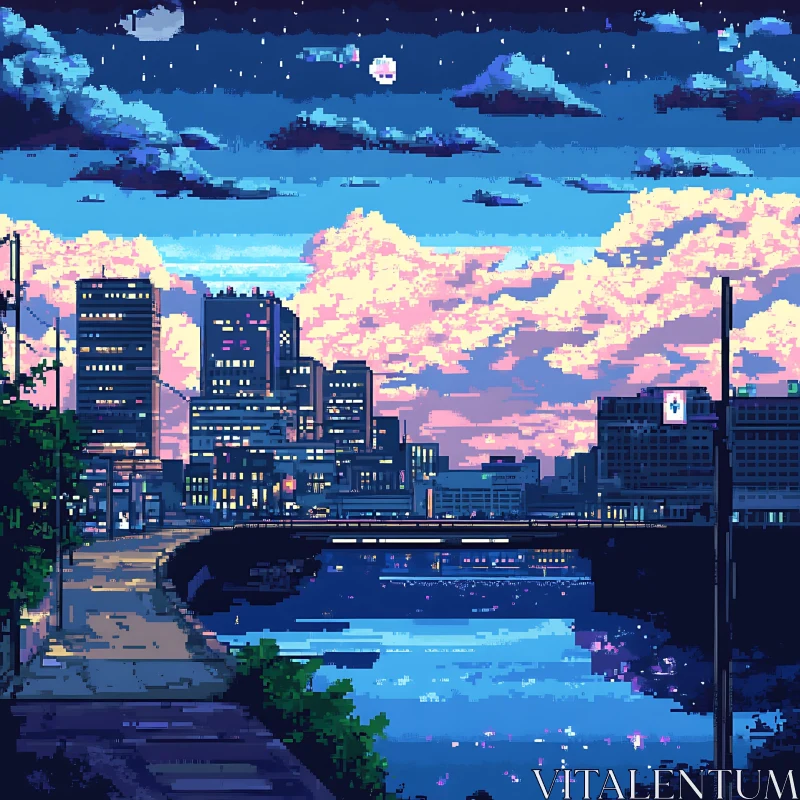 Pixel Art Nighttime City View AI Image