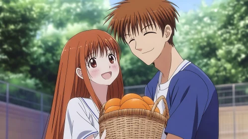 Smiling Anime Couple Outdoors with Oranges