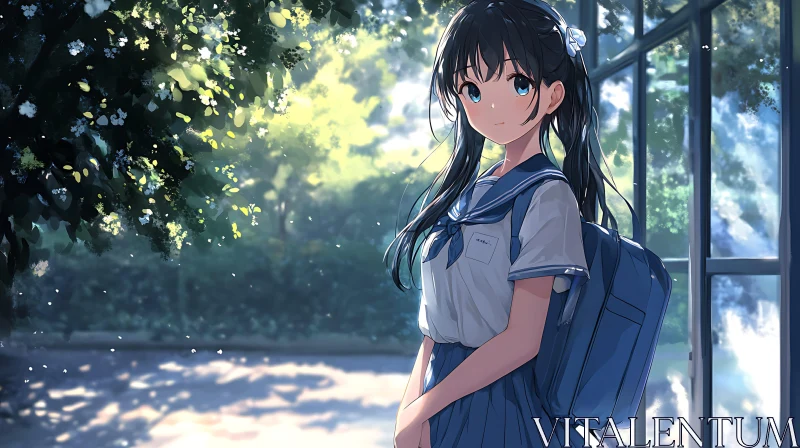 Anime Schoolgirl in Sunlit Nature AI Image