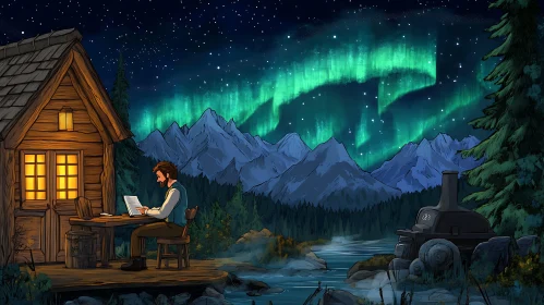 Cabin View with Aurora Borealis
