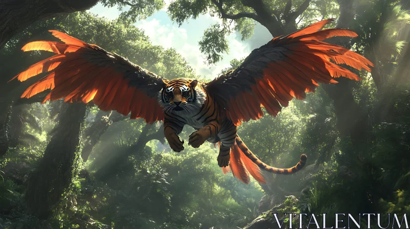 Mystical Tiger with Wings in Green Forest AI Image