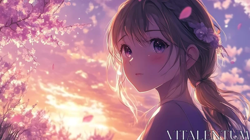 Anime Girl in Sunset with Blossoming Flowers AI Image