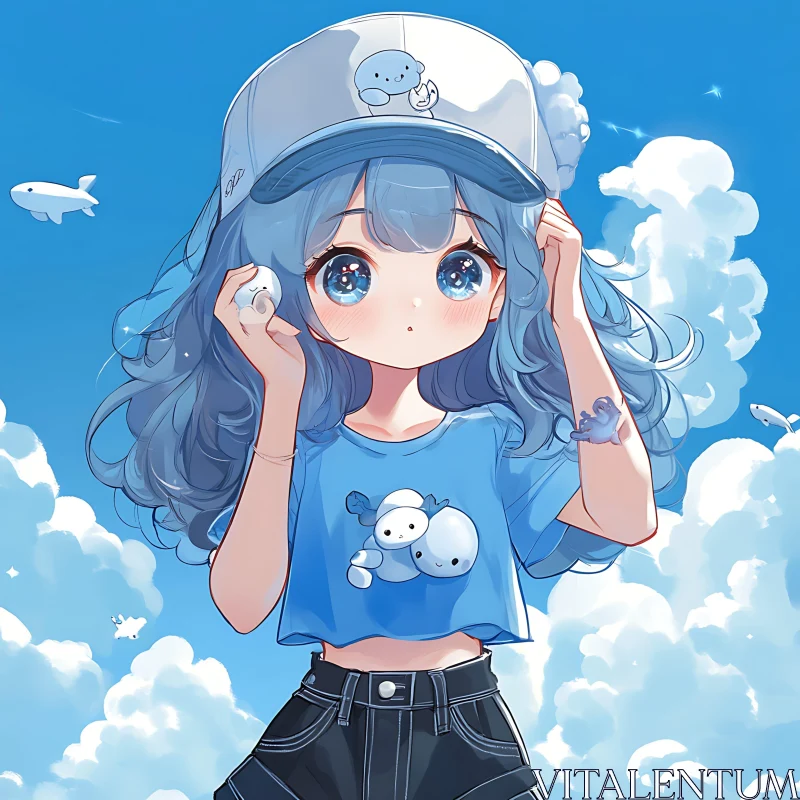 Charming Anime Girl with Blue Hair and Clouds AI Image