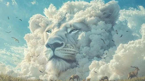 Cloud Lion Above Grazing Deer