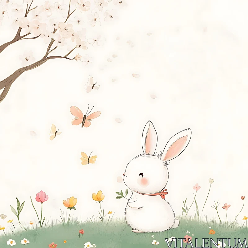 AI ART Whimsical Bunny Among Flowers and Butterflies