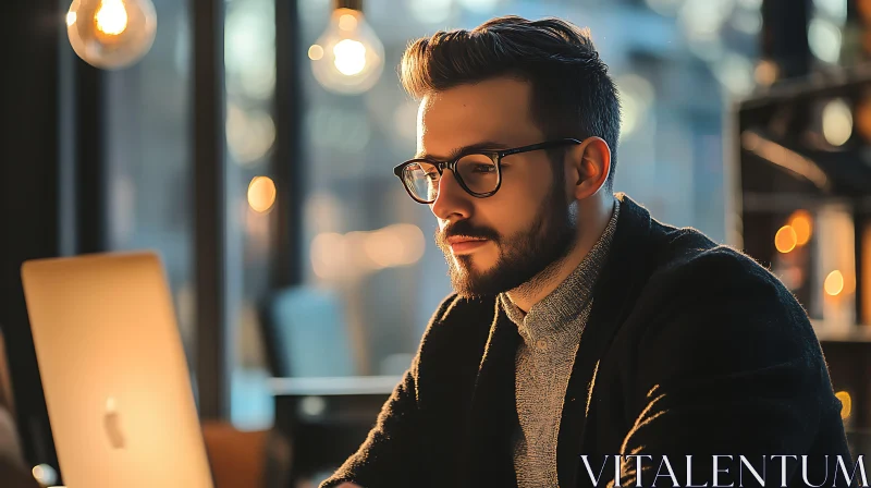 Focused Man with Glasses and Laptop AI Image