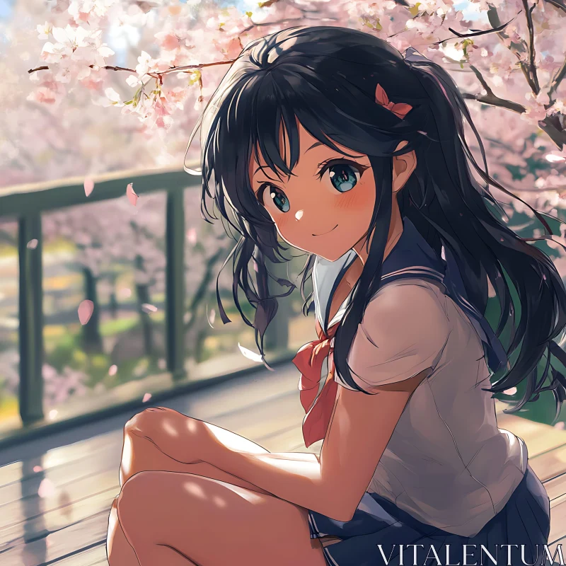 Serene Anime Girl Amid Cherry Blossoms AI Image