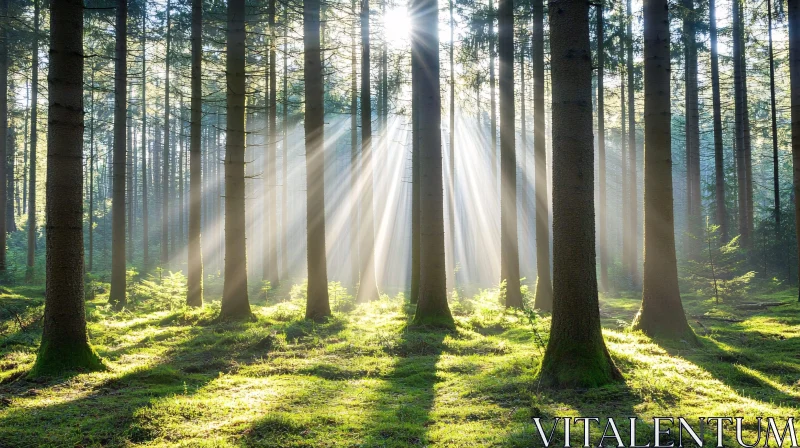 Peaceful Woodland with Sunrays and Mossy Floor AI Image