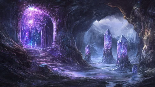 Glowing Purple Crystals and a Mystical Portal in a Cave