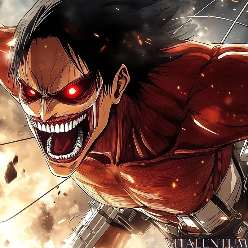 Epic Anime Titan Battle with Fiery Red Eyes AI Image