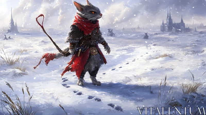 Feline Hero in Snowy Realm Artwork AI Image