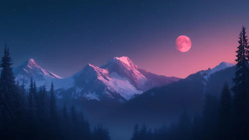 Starry Night Mountain Landscape with Moon