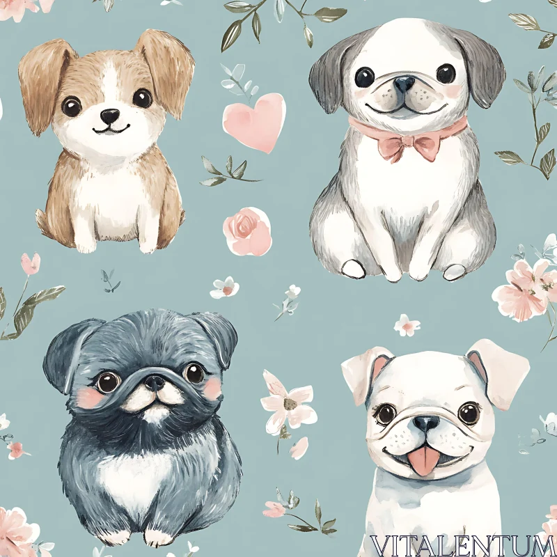 Cute Puppy Illustration with Floral Elements AI Image