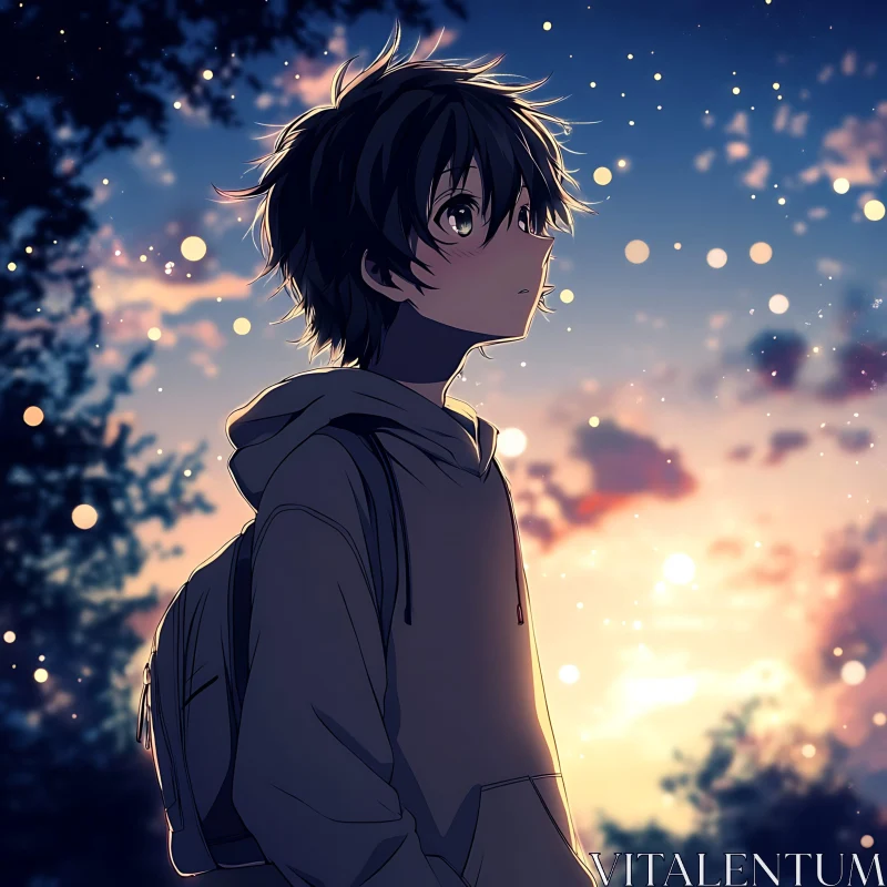 Dreamy Anime Character Under Evening Sky AI Image