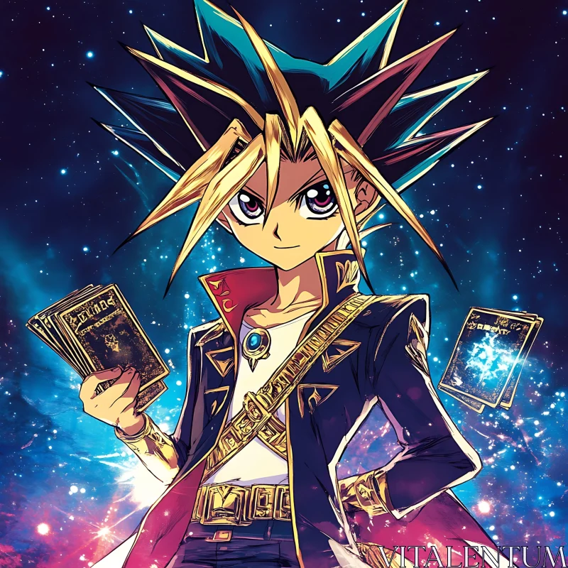 Anime Hero in Cosmic Setting with Cards AI Image