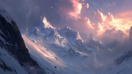 Snow Covered Mountains with Pink Sky