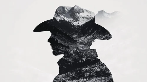 Cowboy Silhouette and Mountain Scene in Double Exposure Art