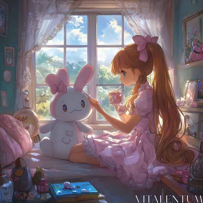 AI ART Girl and Plush Rabbit by Window