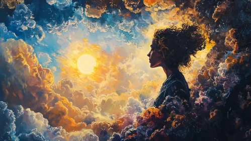 Silhouette of a Woman Amidst Vibrant Clouds and Sunlight