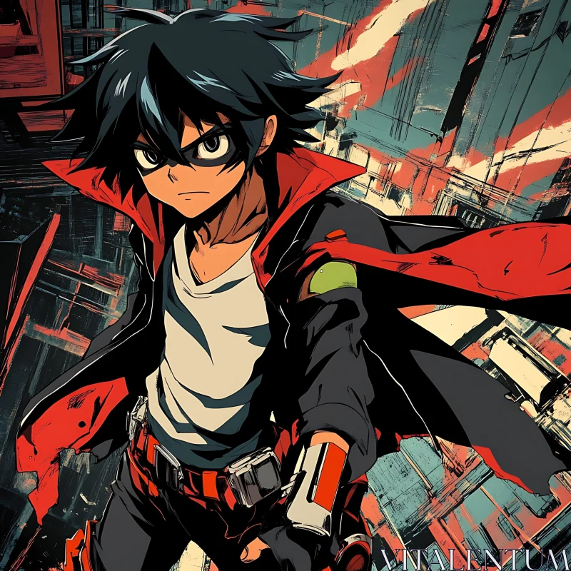 Urban Heroic Anime Character with Red and Black Outfit AI Image