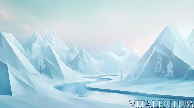 Serene Snow-Covered Mountains with Gentle River AI Image