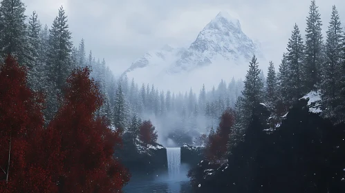 Winter Mountain Waterfall Landscape