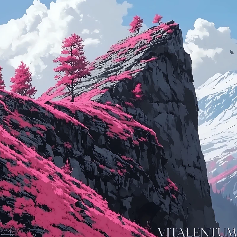 AI ART Surreal Mountain View with Pink Trees