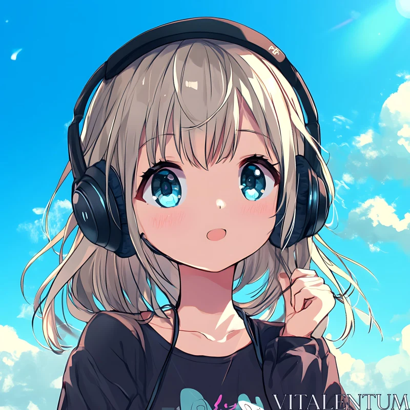 Headphoned Anime Girl Gazing at Sky AI Image