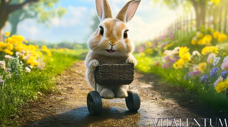 Whimsical Rabbit with Cart in Flower Garden AI Image