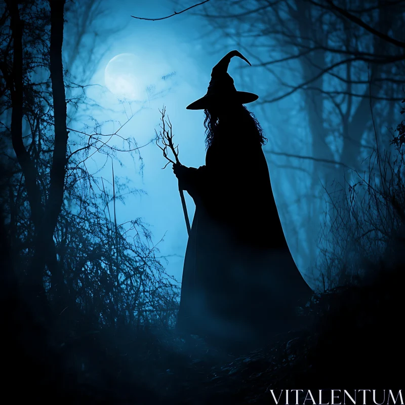 Mysterious Witch in Forest at Night AI Image