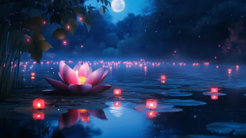 Illuminated Lotus at Night on a Serene Lake