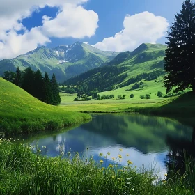 Green Mountains Reflecting in Lake