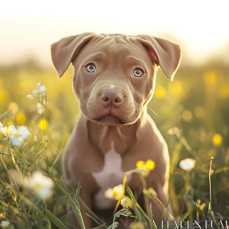 Cute Brown Puppy Surrounded by Wildflowers AI Image