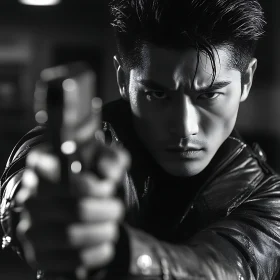 Monochrome Portrait of Determined Man with Weapon