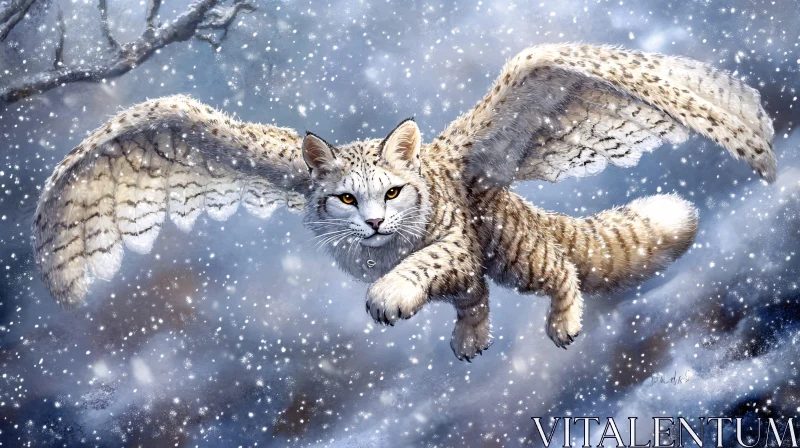 Snowy Flight of the Winged Cat AI Image