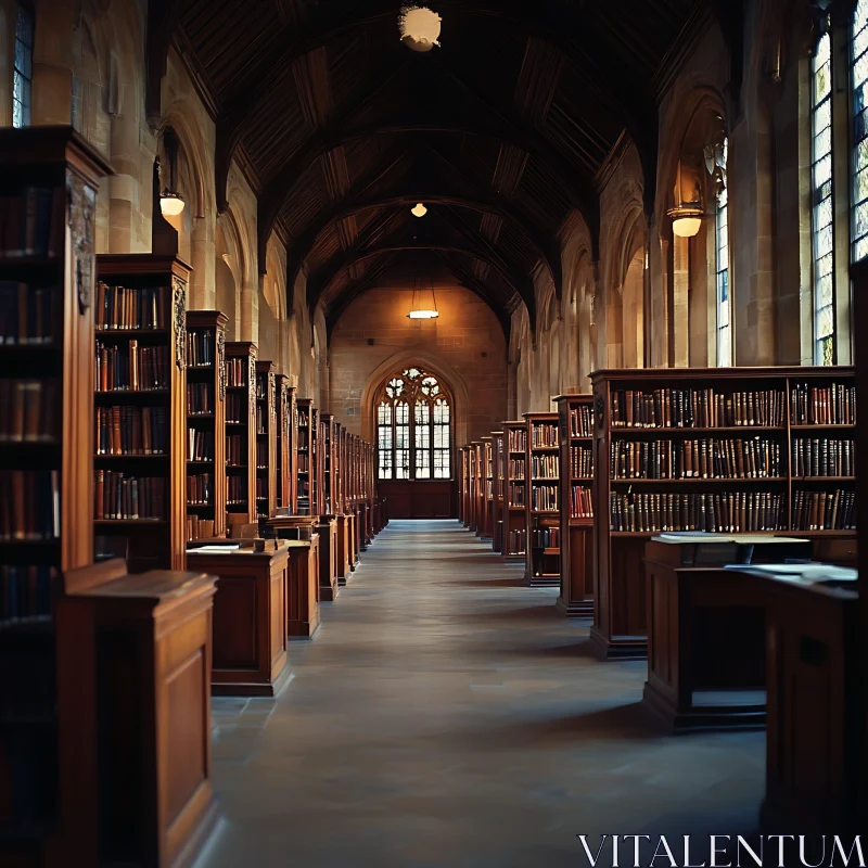 Scholarly Library Interior with Wooden Furnishings AI Image