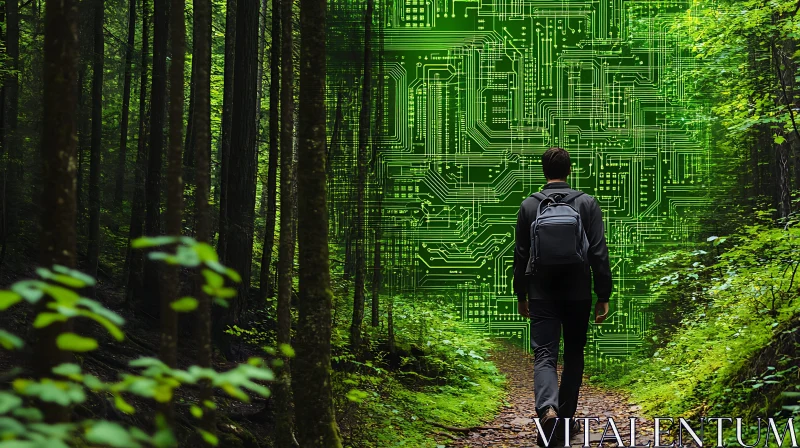 AI ART Man Walking into Digital Forest