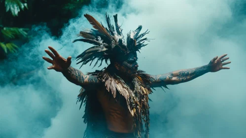 Man in Headdress Amidst Smoke