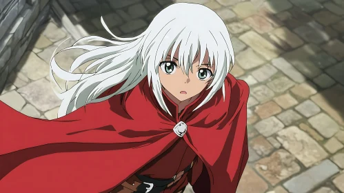 White-Haired Anime Character in Red Cloak