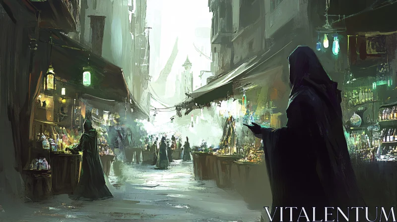 Cloaked Figure in Bustling Fantasy Market AI Image