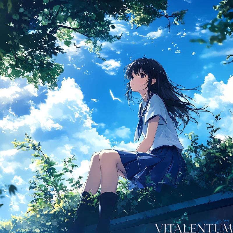 Anime Girl in Nature with Blue Sky AI Image