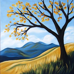 Golden Leaves Tree and Rolling Hills