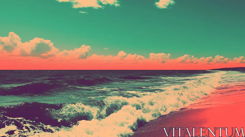 AI ART Retro Beach Scene with Peach Sky